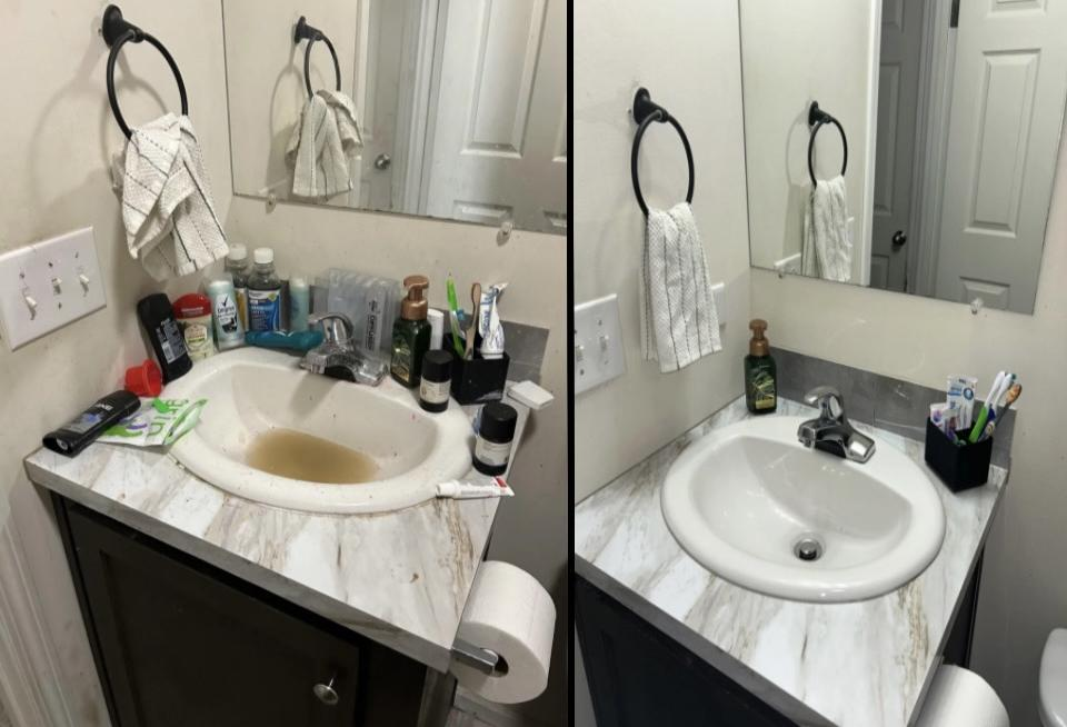 Professional bathroom sink deep cleaning in Edmonton Alberta before and after