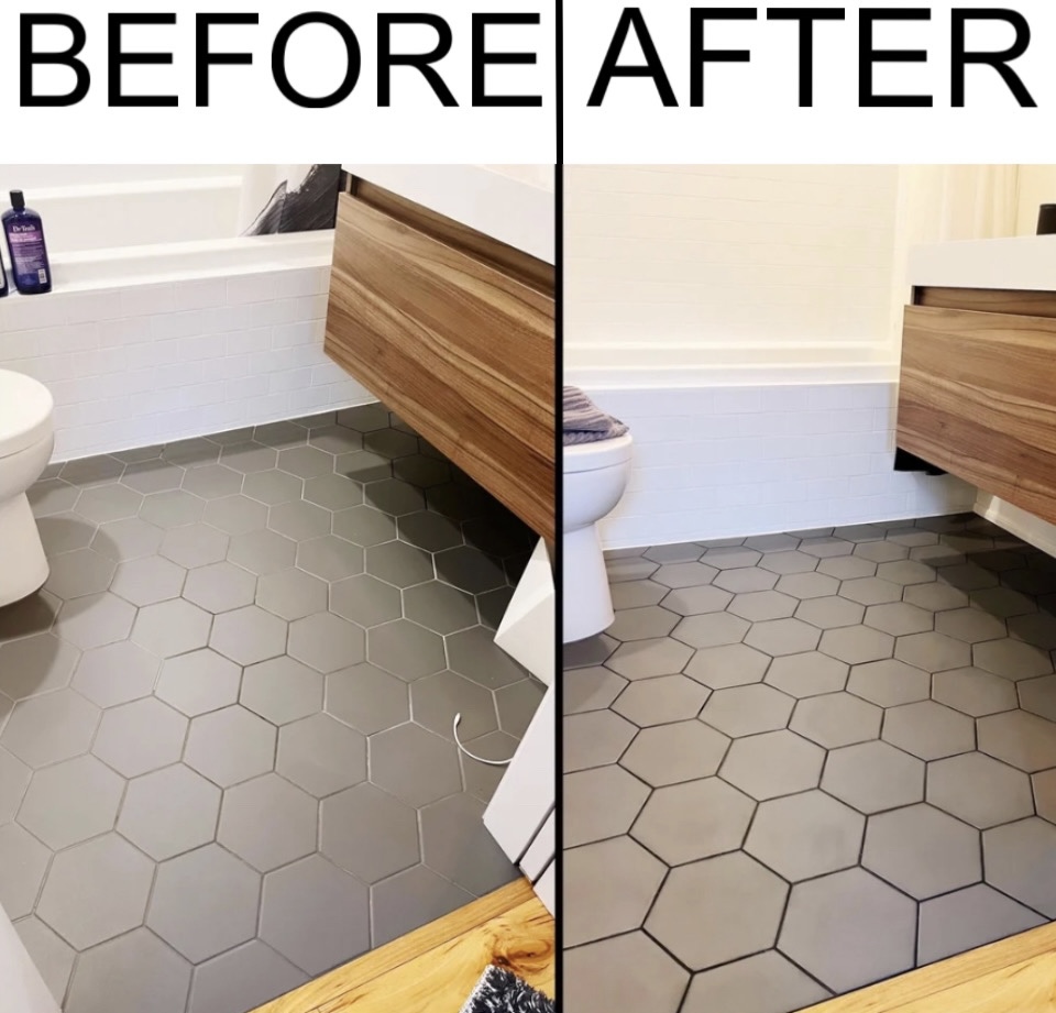 Professional tile and grout bathroom floor cleaning in Edmonton Alberta before and after
