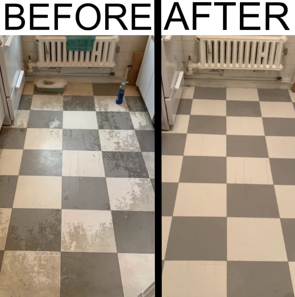 Professional floor deep cleaning and surface restoration in Edmonton Alberta before and after